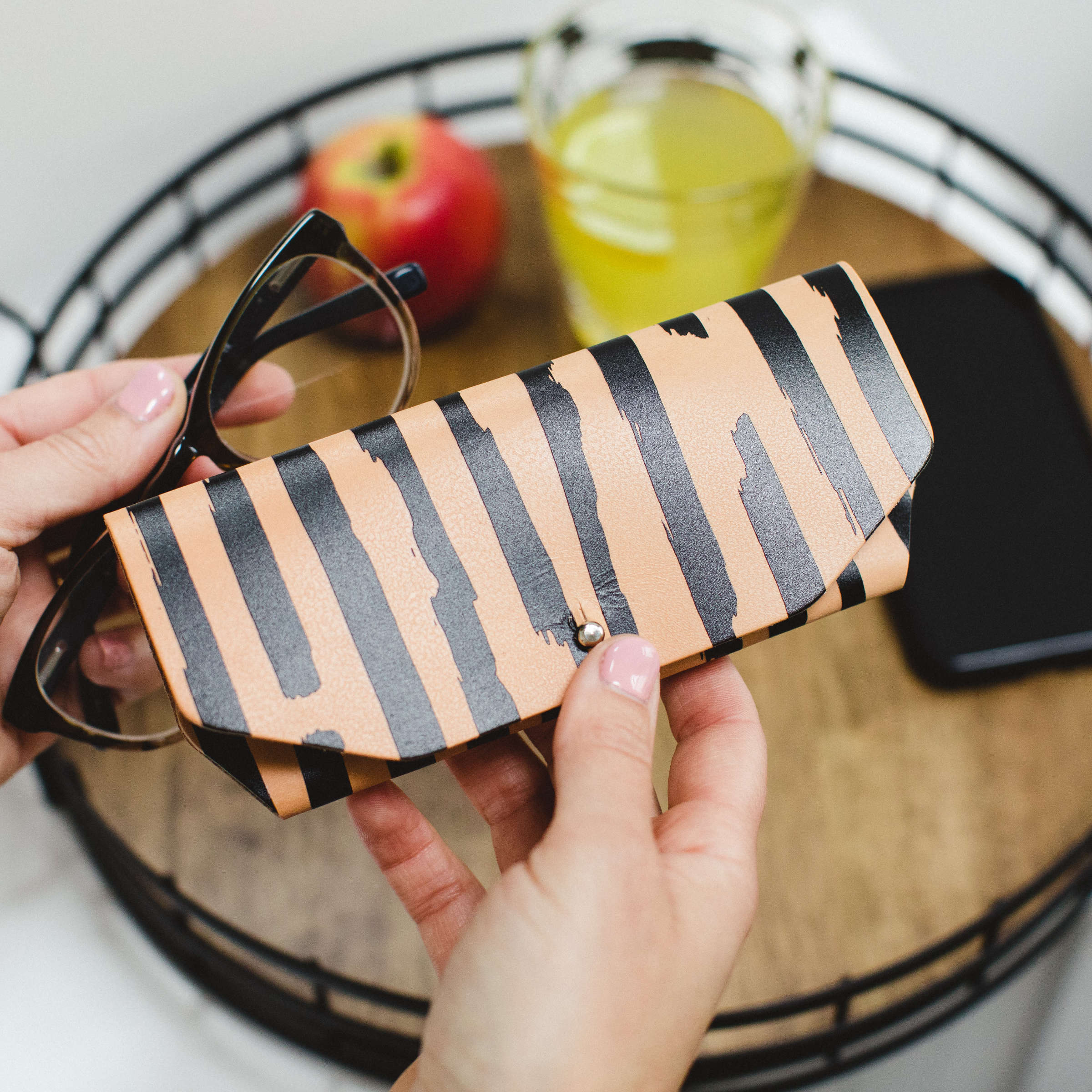 Striped Leather Glasses Case